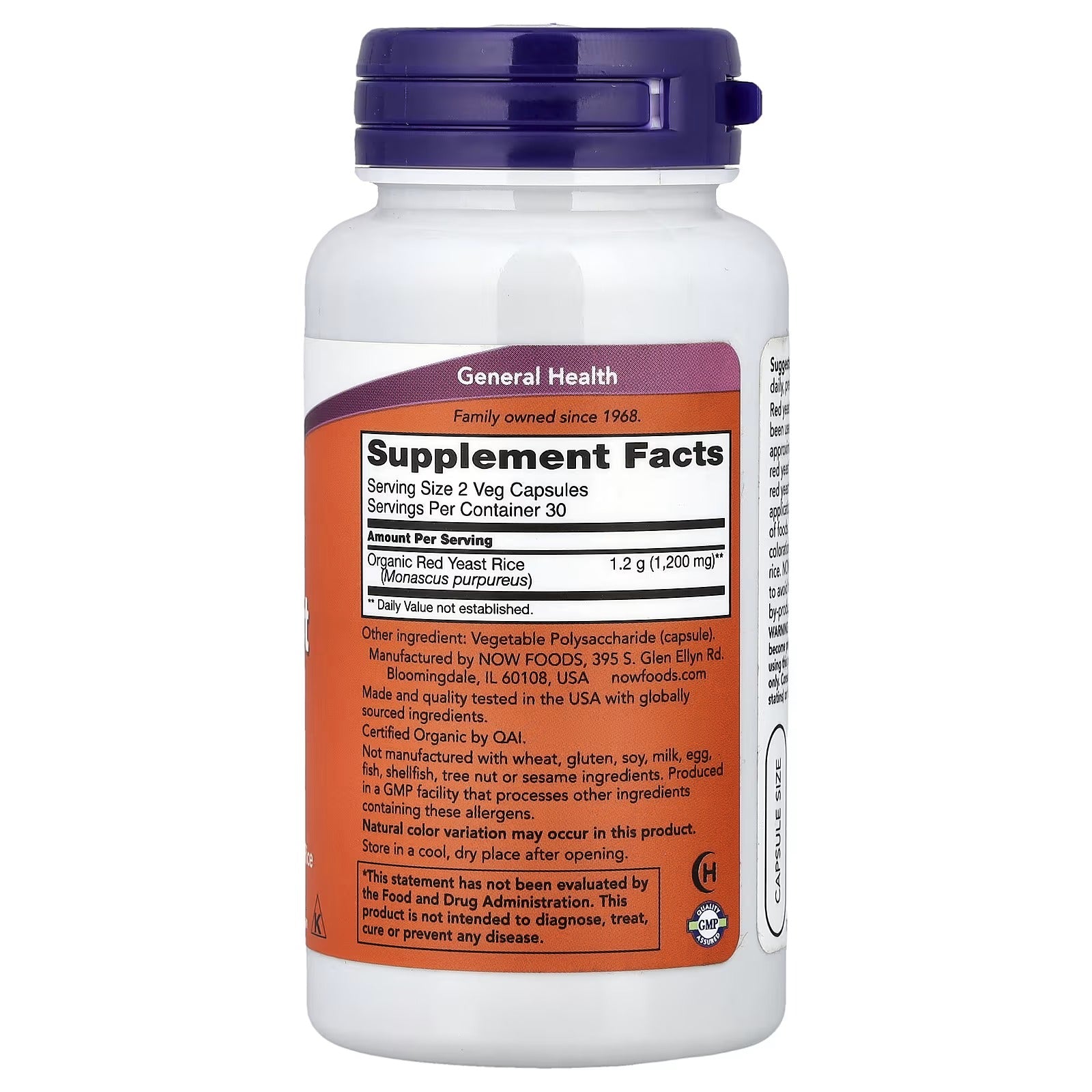 NOW Foods Red Yeast Rice 600 mg Organic 60 Veg Capsules