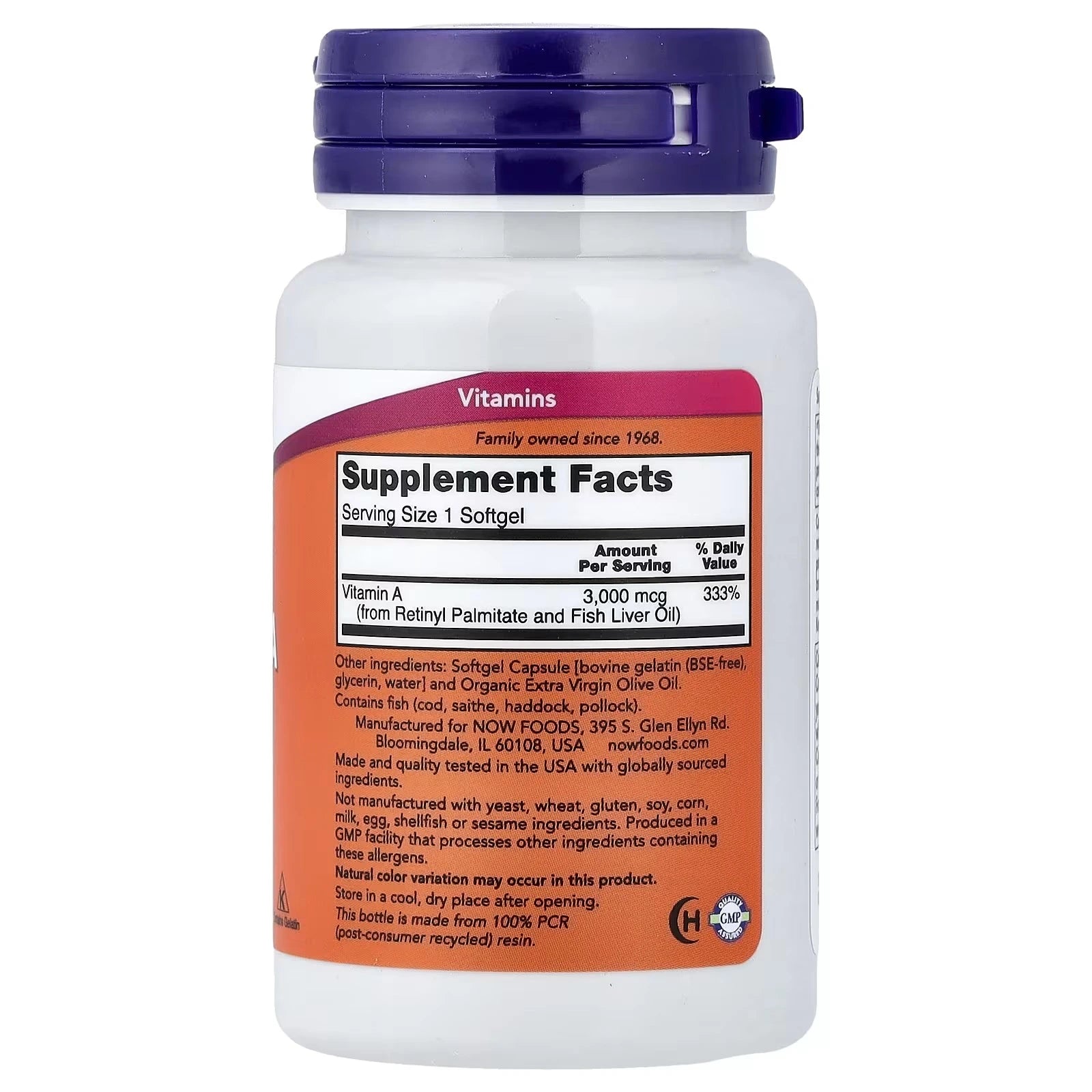 NOW Foods Vitamin A 3000 mcg 10000 IU 100 Softgels