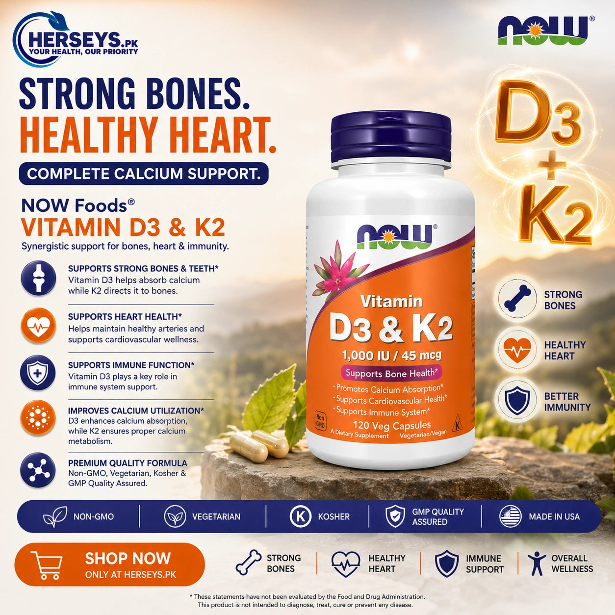 NOW Foods Vitamin D3 & K2 120 Capsules