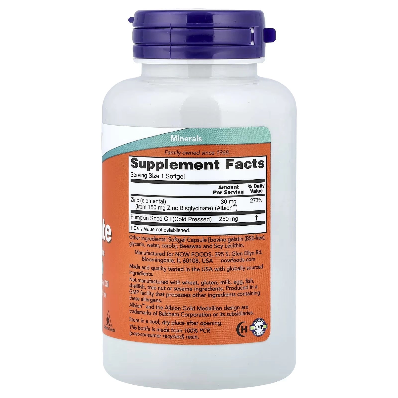 NOW Foods Zinc Glycinate 30 mg with Pumpkin Seed Oil – 120 Softgels