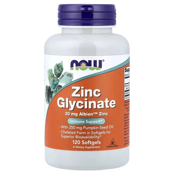 NOW Foods Zinc Glycinate 30 mg with Pumpkin Seed Oil – 120 Softgels