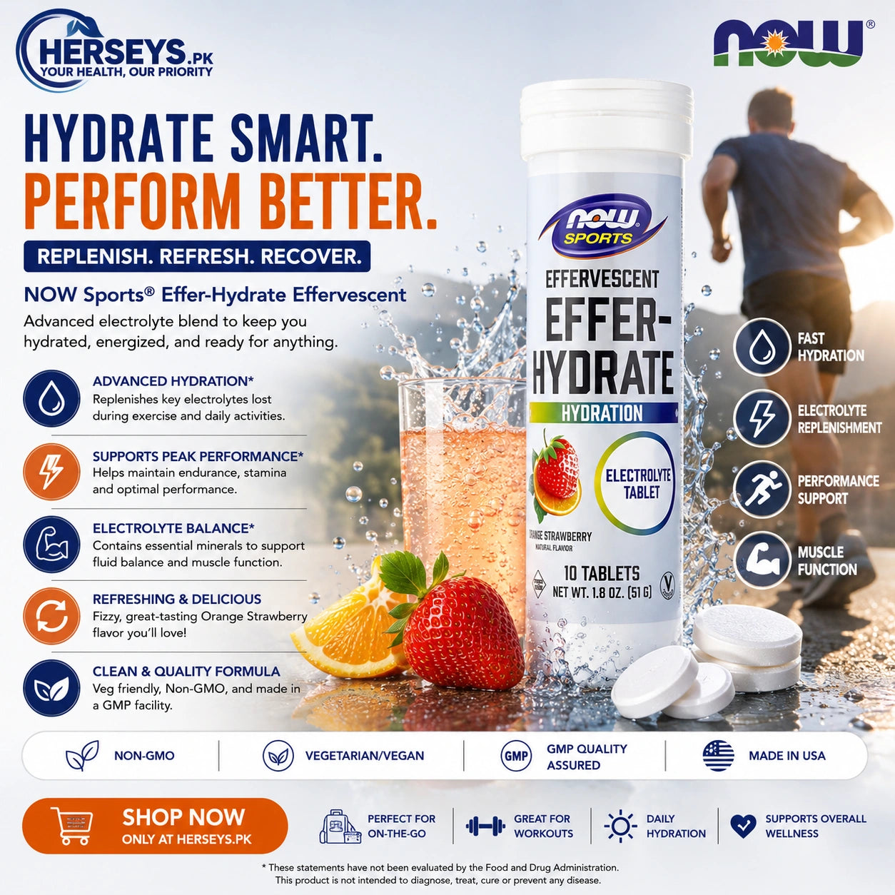 NOW Sports Effer-Hydrate Effervescent Orange Strawberry 10 Tablets 1.8 oz 51 g