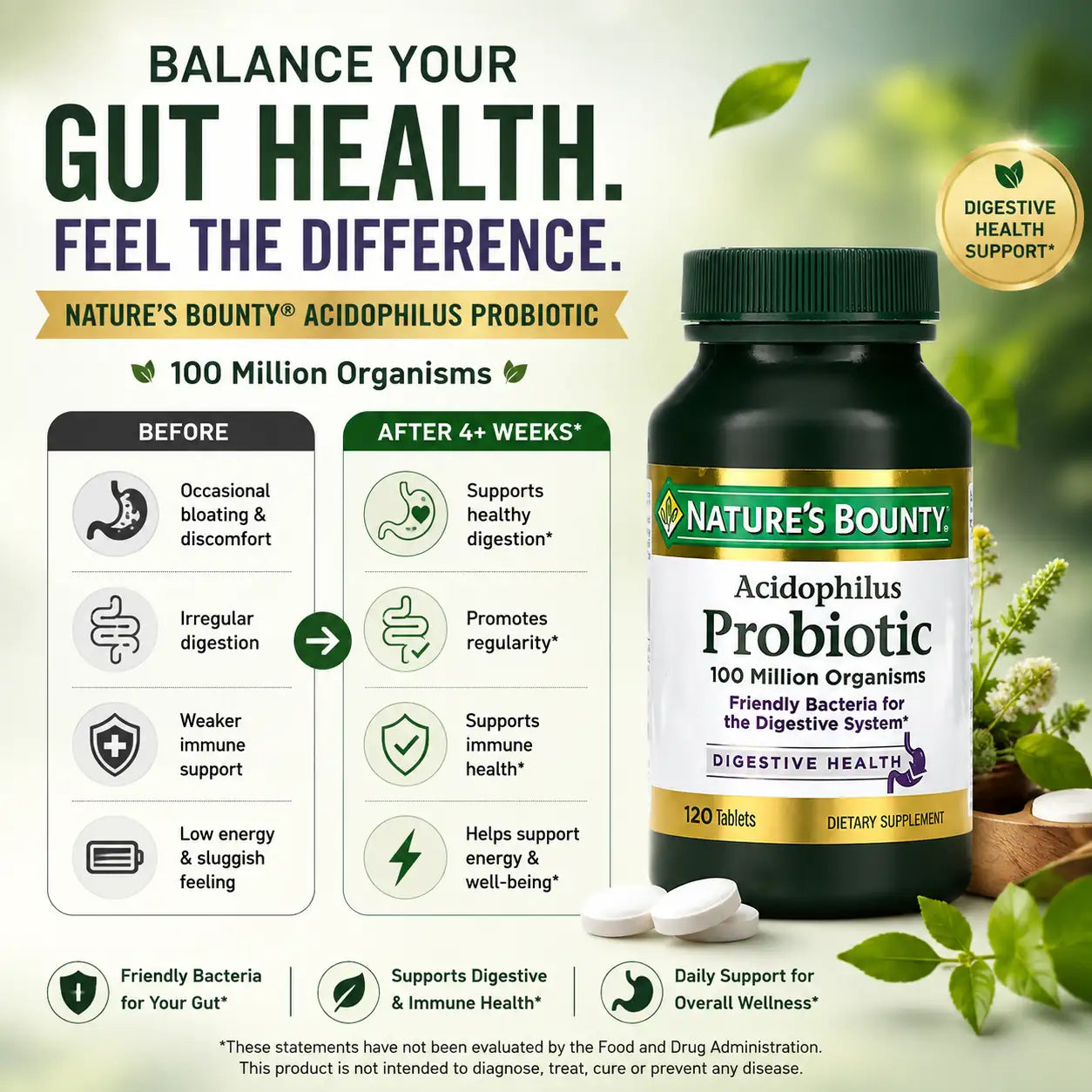Nature's Bounty Acidophilus Probiotic 120 Tablets