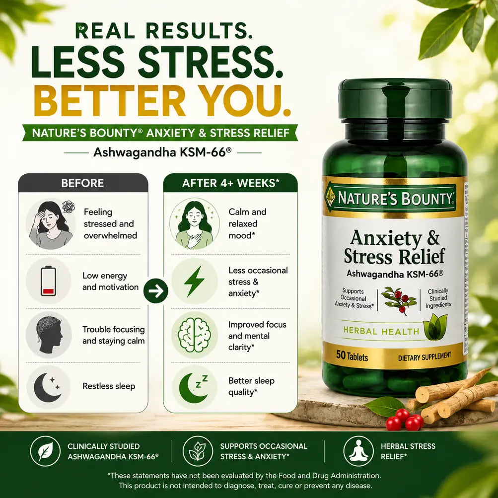 Nature's Bounty Anxiety Stress Relief Ashwagandha KSM 66 50 Tablets
