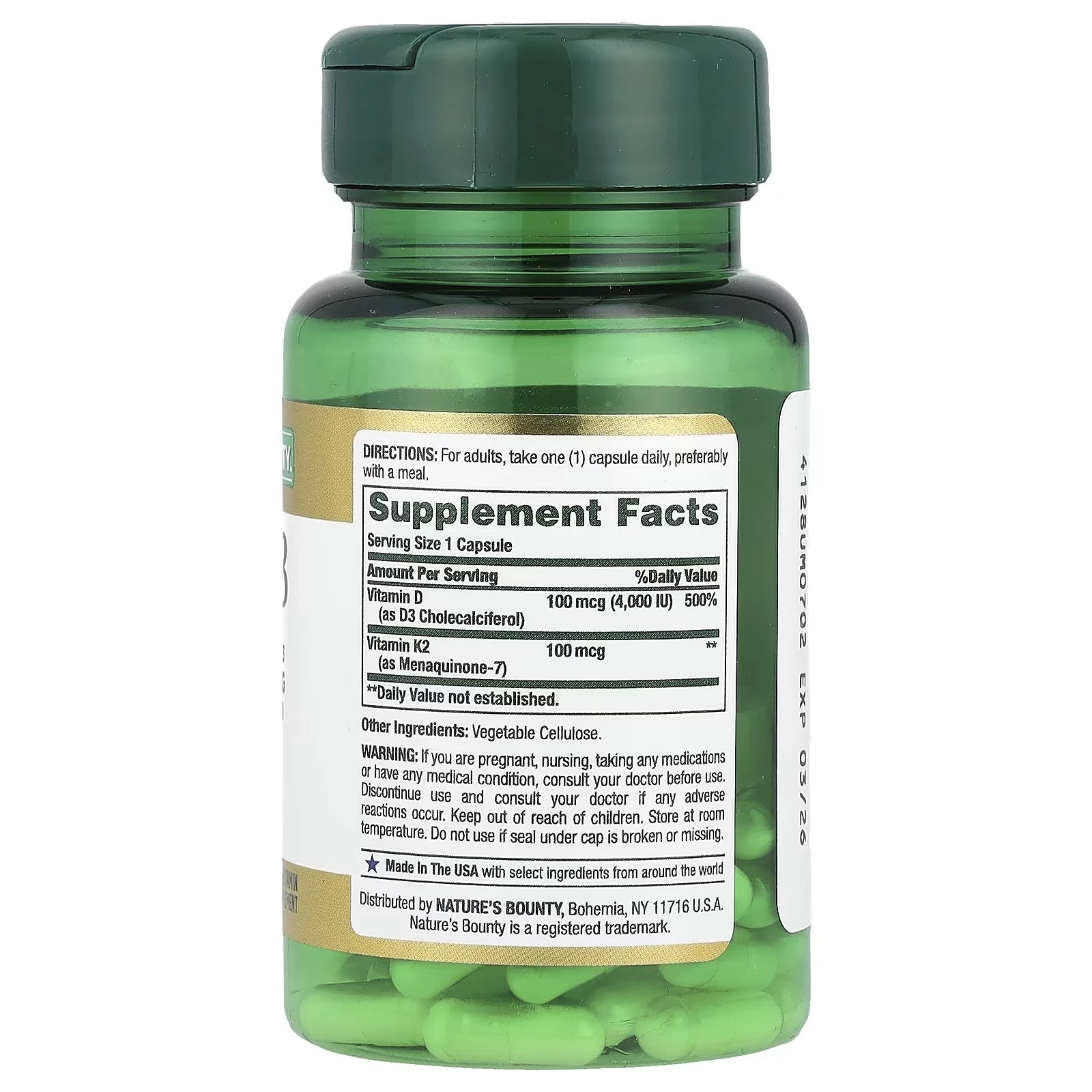 Nature’s Bounty Vitamin K2 + D3 – 30 Vegetable Capsules