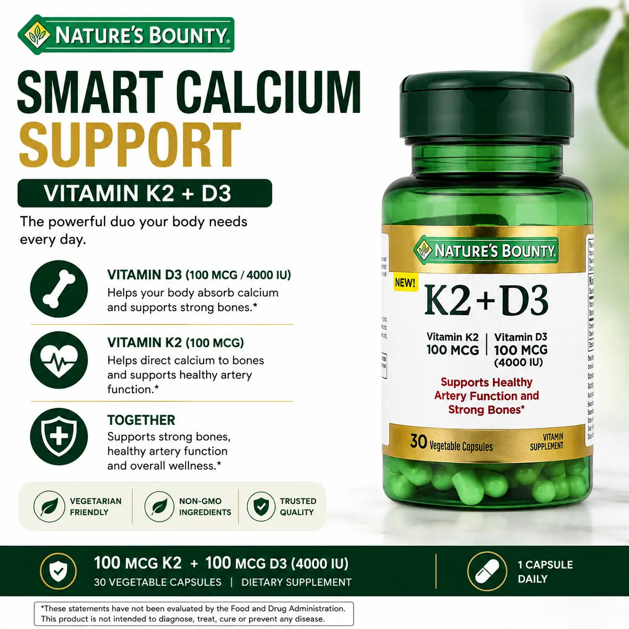 Nature’s Bounty Vitamin K2 Plus D3 30 Vegetable Capsules