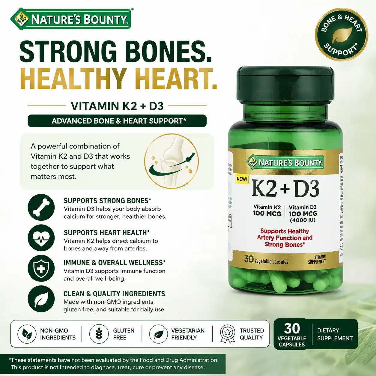 Nature’s Bounty Vitamin K2 Plus D3 30 Vegetable Capsules