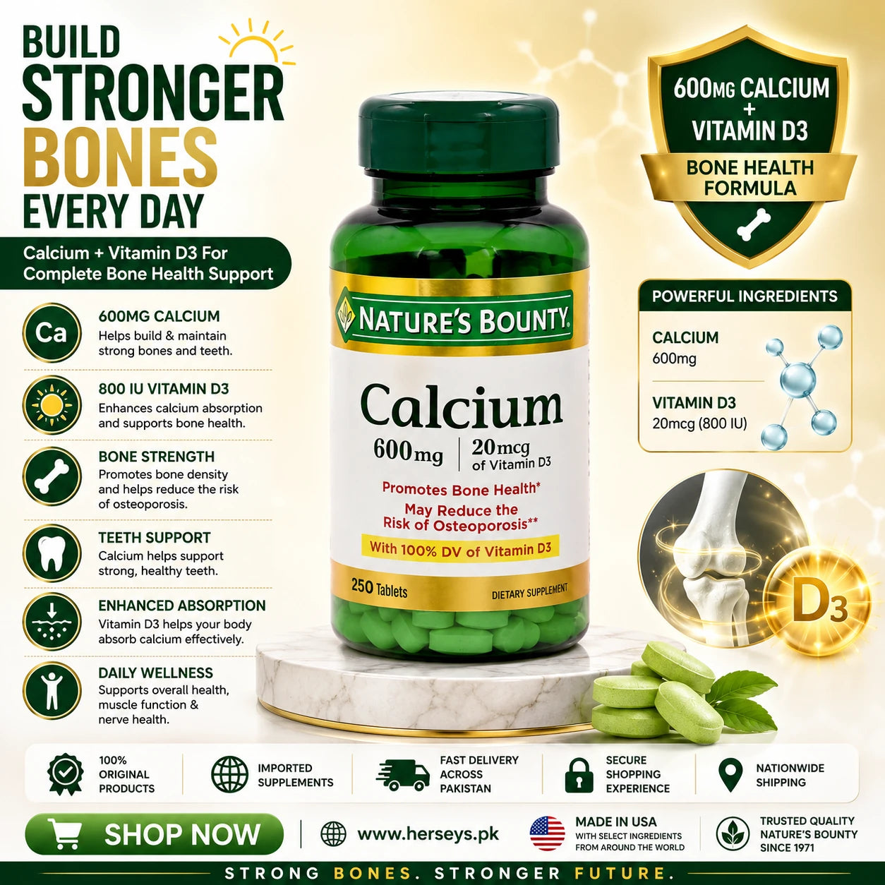 Natures Bounty Calcium 600 with Vitamin D3 250 Tablets