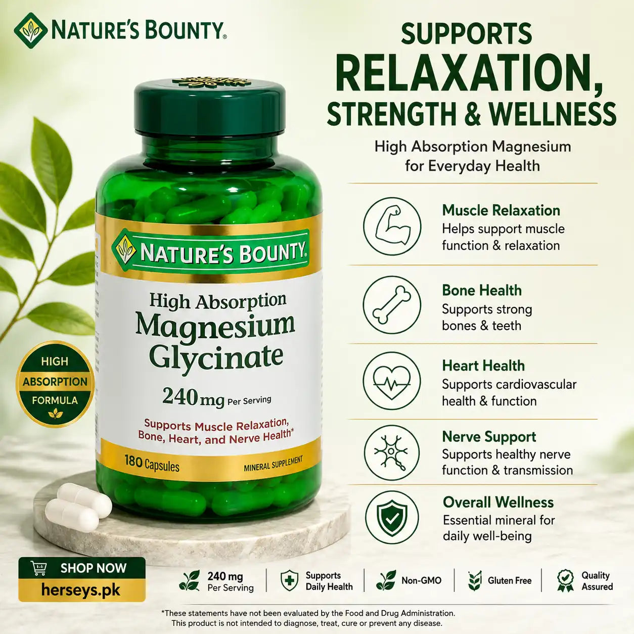 Nature’s Bounty High Absorption Magnesium Glycinate 240mg 180 Capsules