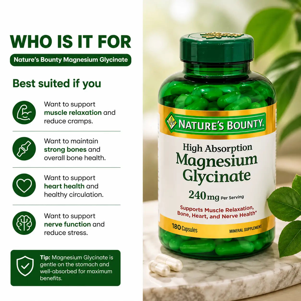 Nature’s Bounty High Absorption Magnesium Glycinate 240mg 180 Capsules
