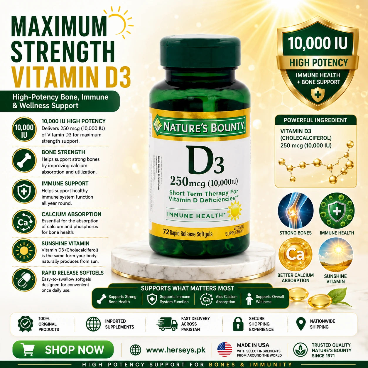 Natures Bounty Vitamin D3 10000 IU 250 mcg 72 Rapid Release Softgels