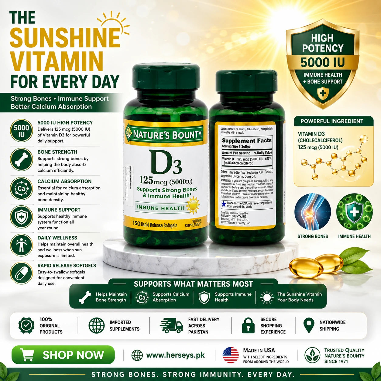 Natures Bounty Vitamin D3 125mcg 5000 IU 150 Rapid Release Softgels