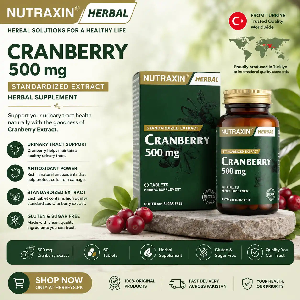 Nutraxin Herbal Cranberry 500 mg Standardized Extract 60 Tablets