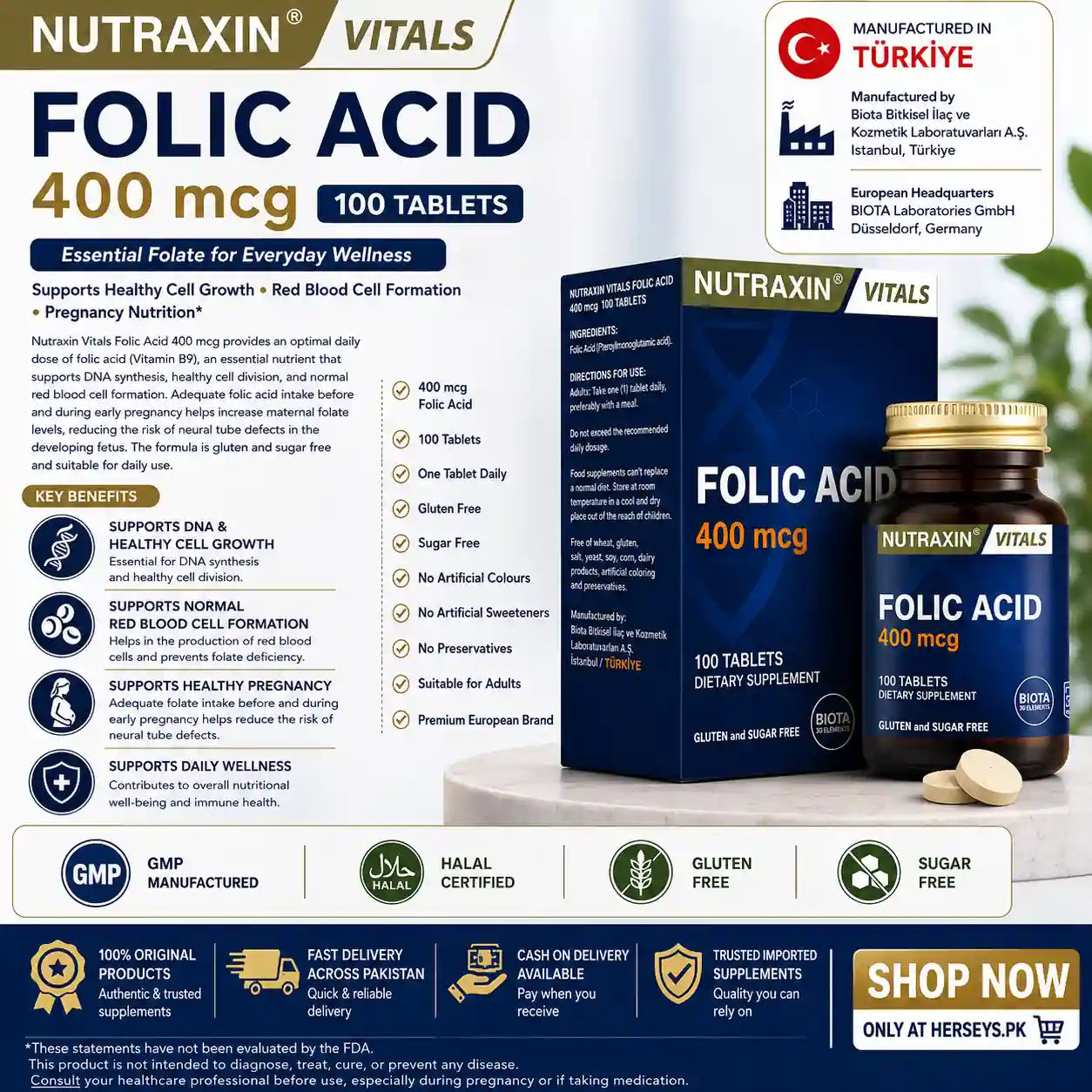 Nutraxin Vitals Folic Acid 400 mcg 100 Tablets