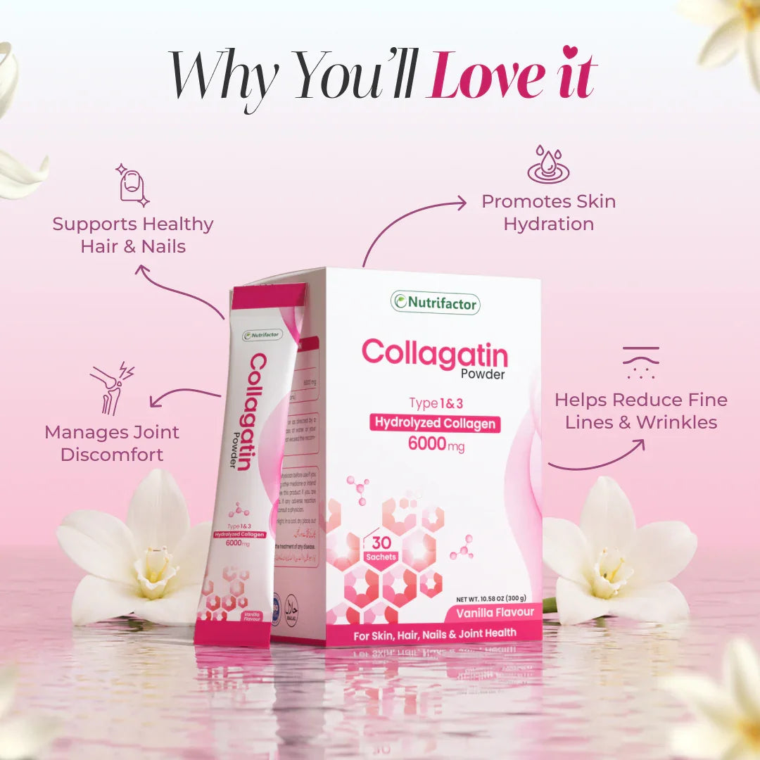 Nutrifactor Collagatin Powder Type I And III Hydrolyzed Collagen 6000 mg 30 Sachets Vanilla