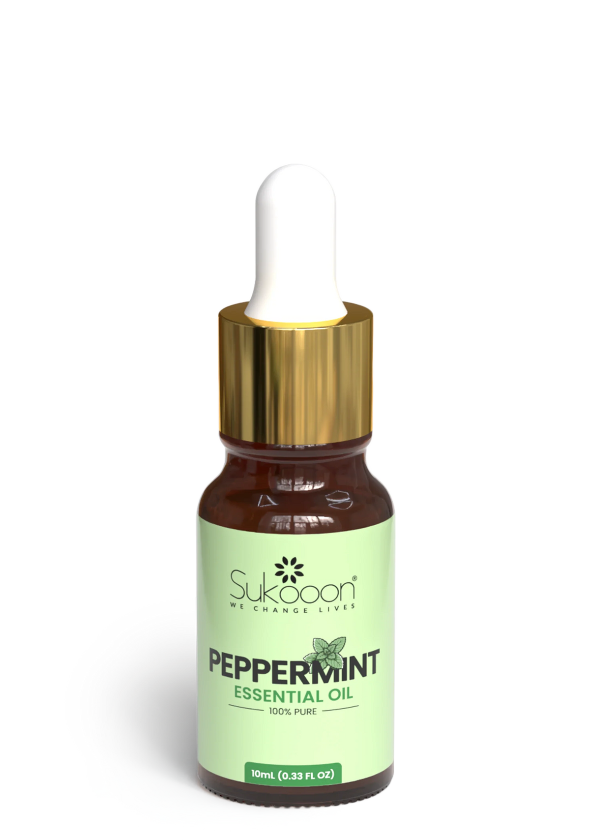 Sukoon peppermint essential oil bottle with dropper on a white background