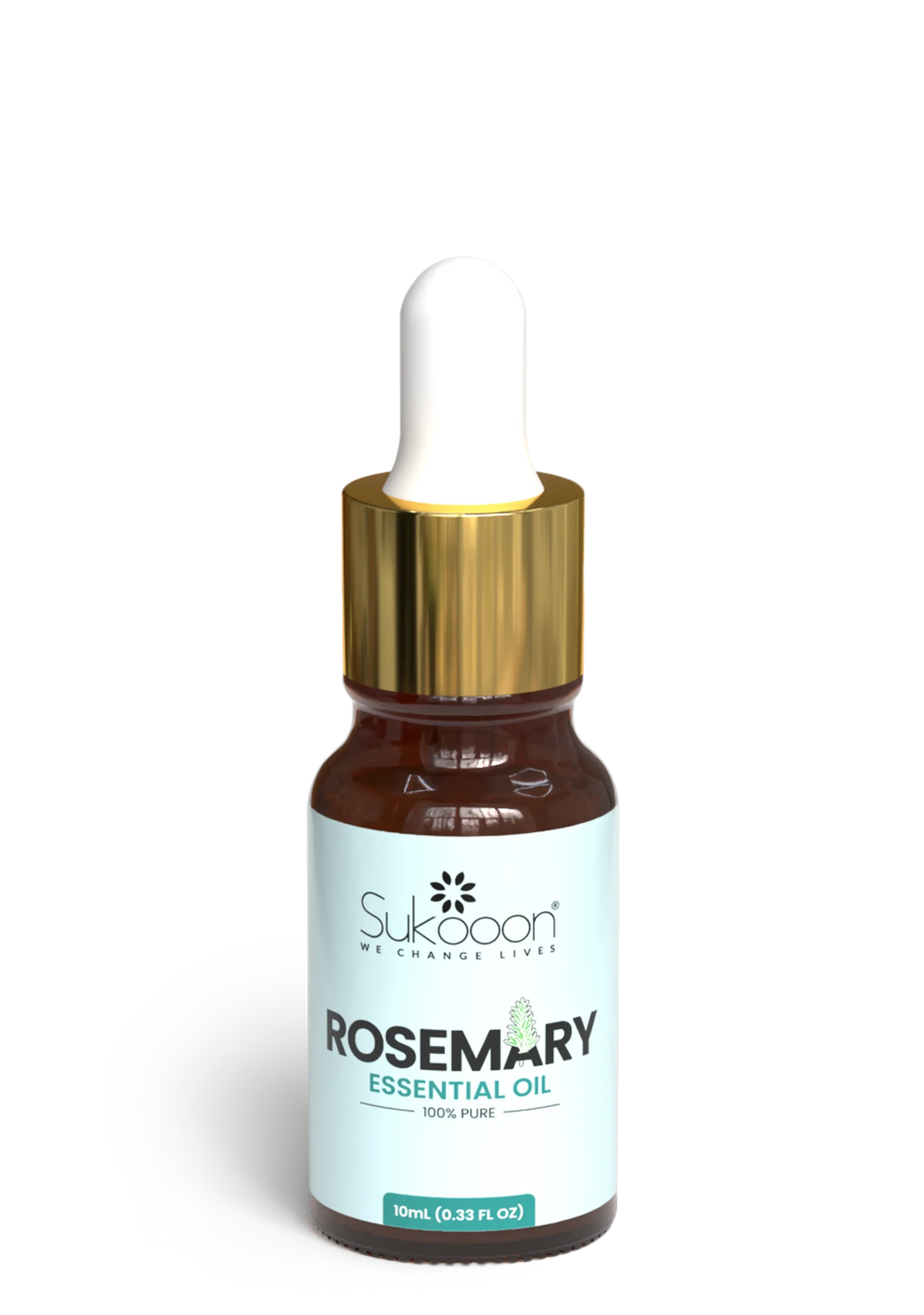 Sukoon Rosemary essential oil bottle with dropper on a white background