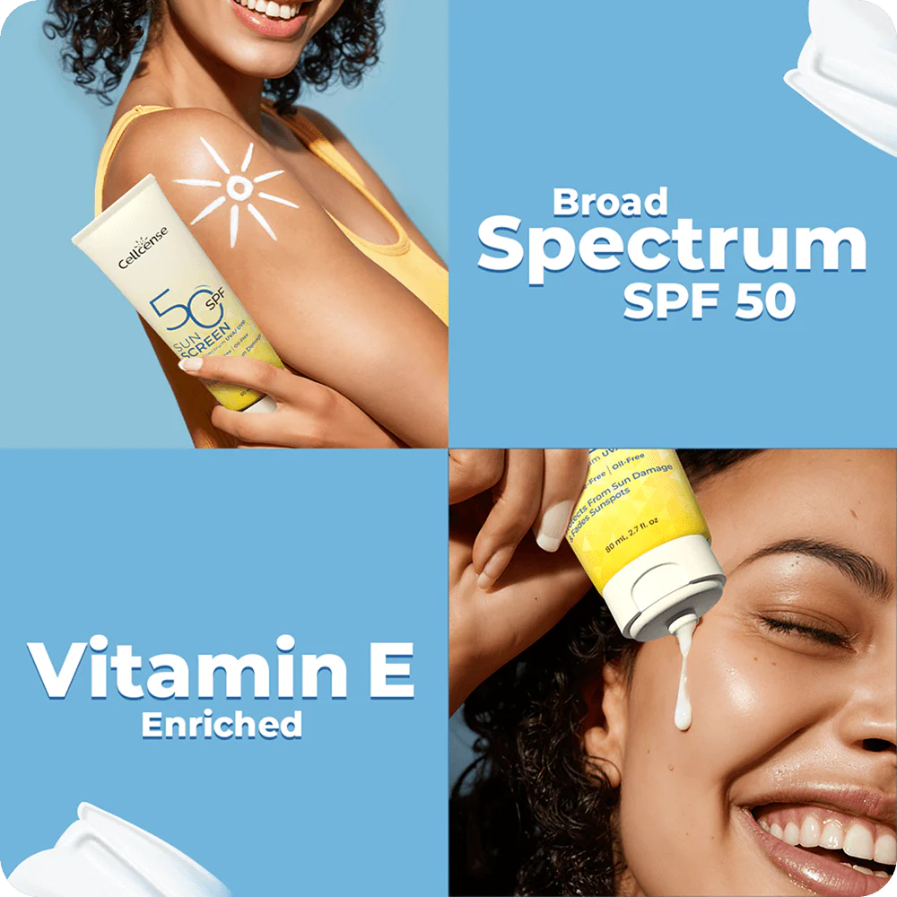 Sunscreen product with a woman applying it, emphasizing Broad Spectrum SPF 50 and Vitamin E enrichment.