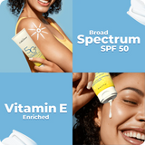 Sunscreen product with a woman applying it, emphasizing Broad Spectrum SPF 50 and Vitamin E enrichment.
