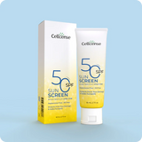 Cellcense sunscreen tube and packaging on a light blue background