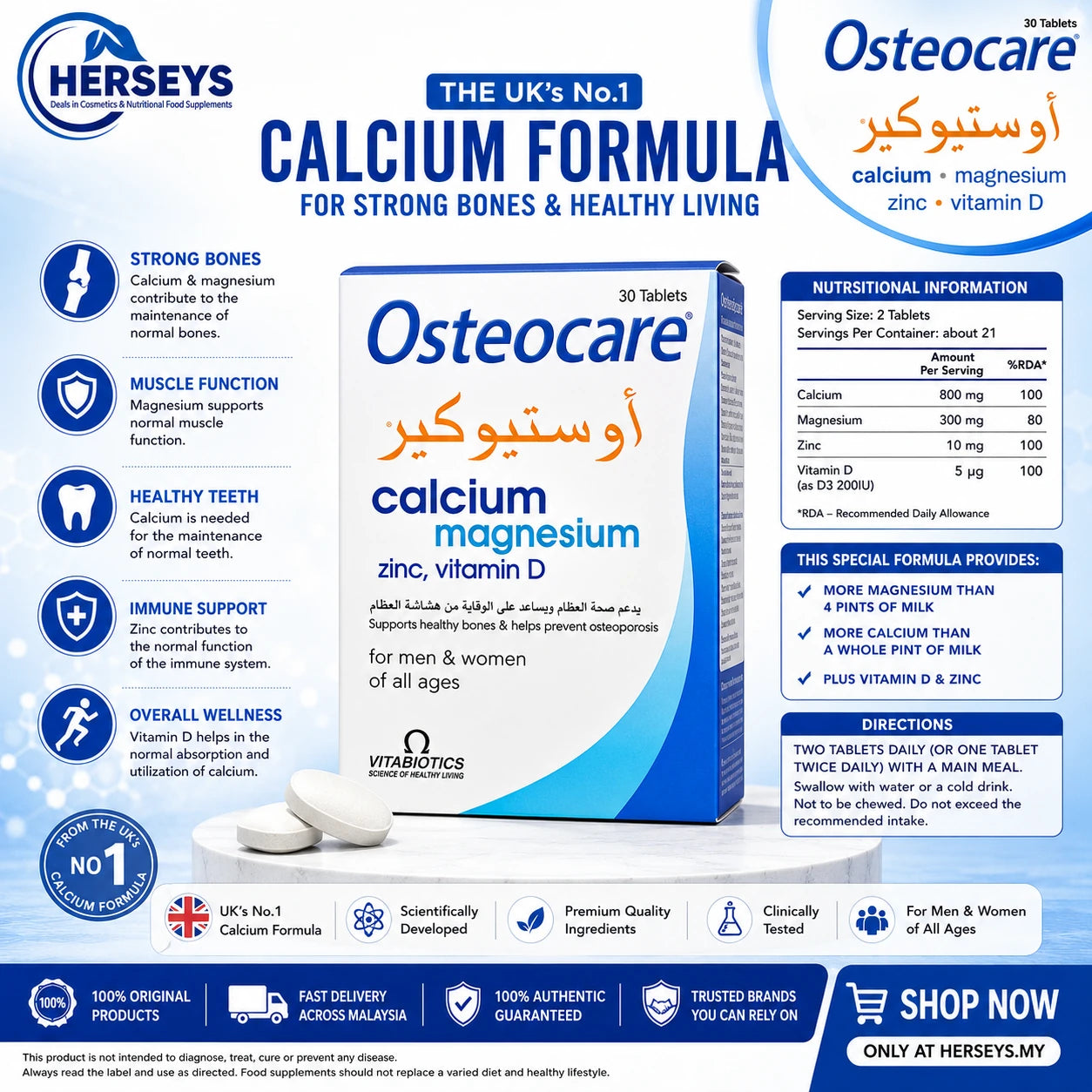 Vitabiotics Osteocare Original Calcium Magnesium Zinc And Vitamin D 30 Tablets