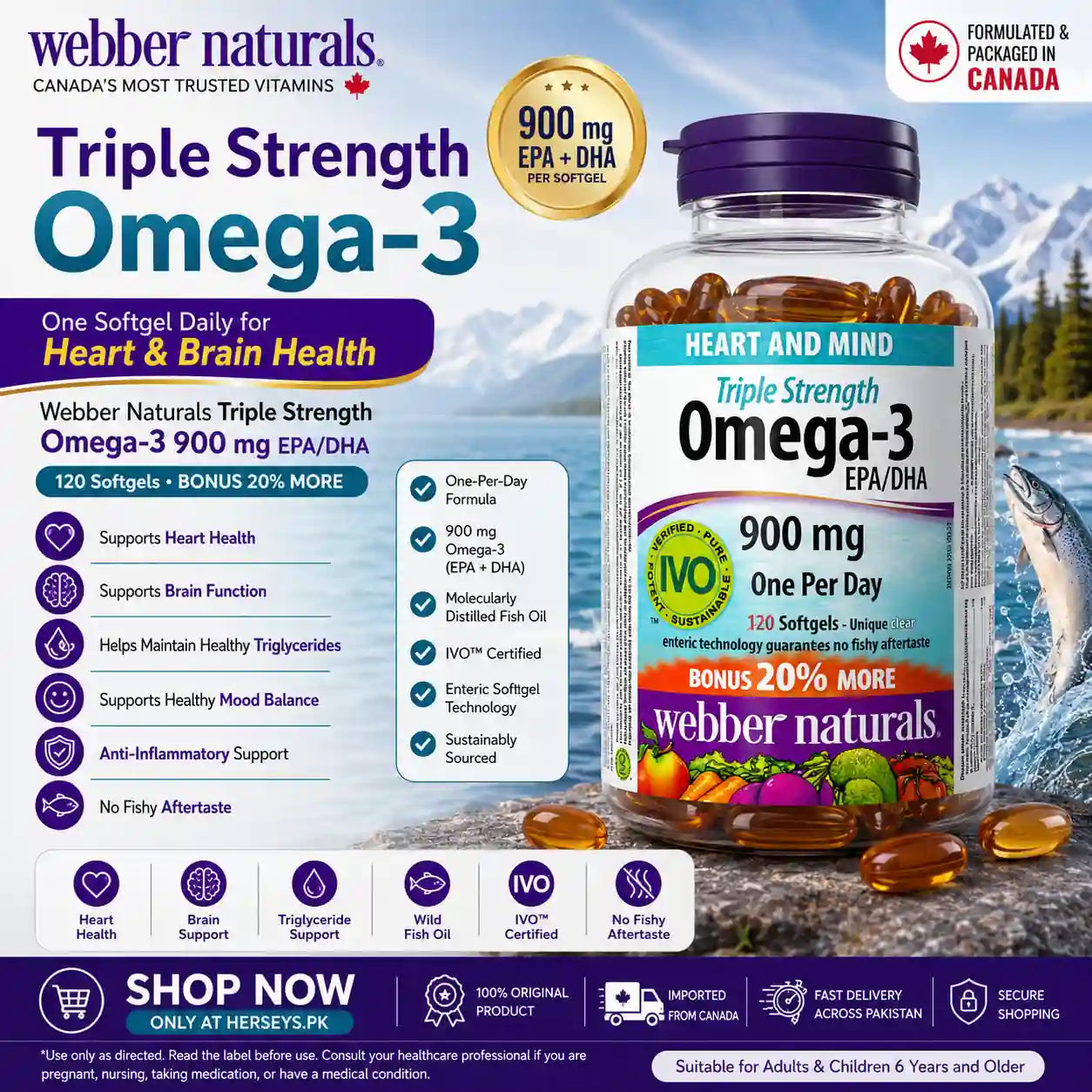 Webber Naturals Triple Strength Omega 3 900 mg EPA/DHA 120 Softgels