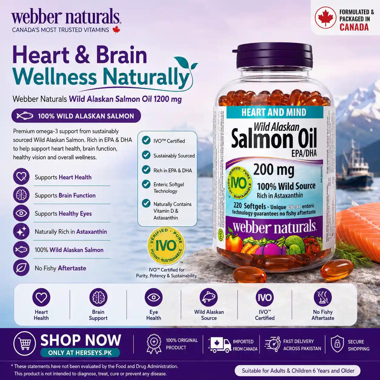 Webber Naturals Wild Alaskan Salmon Oil 200 mg EPA/DHA 220 Clear Enteric Softgels