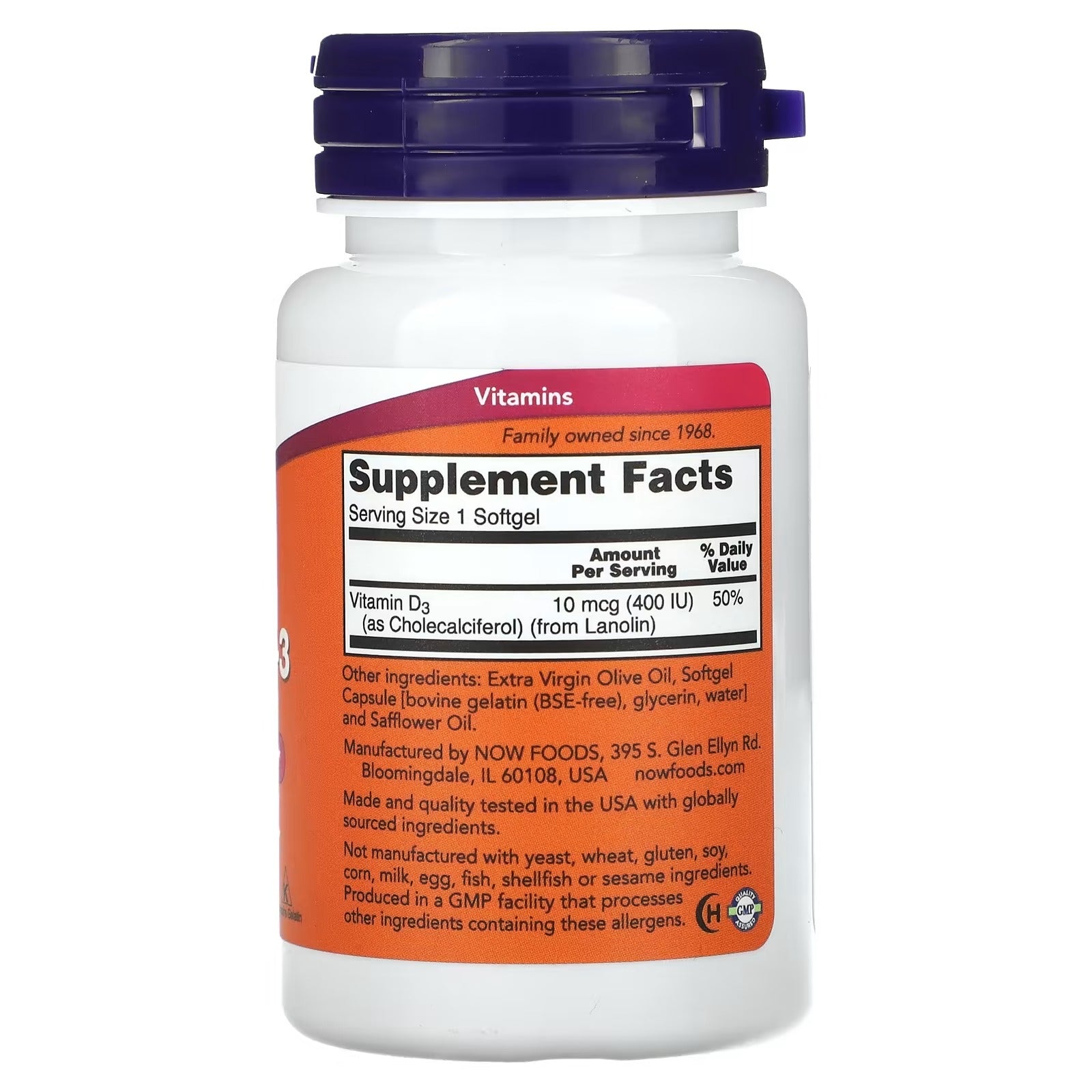 NOW Foods Vitamin D3 400 IU 180 Softgels