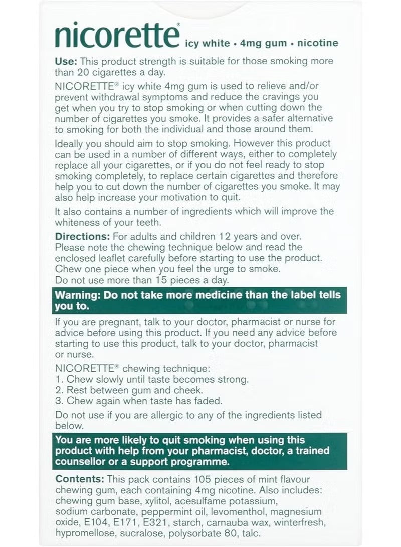 Nicorette Icy White 4mg Nicotine Gum 105 Pieces