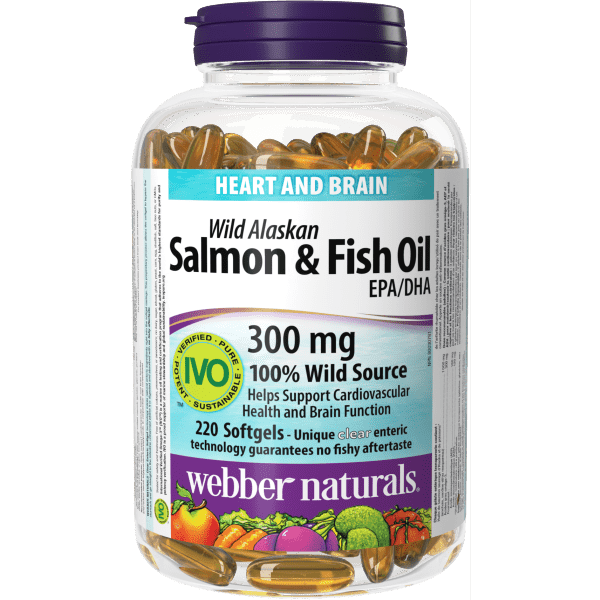 Webber Naturals Wild Alaskan Salmon & Fish Oil 300 mg EPA/DHA No Fishy Aftertaste 220 Softgels