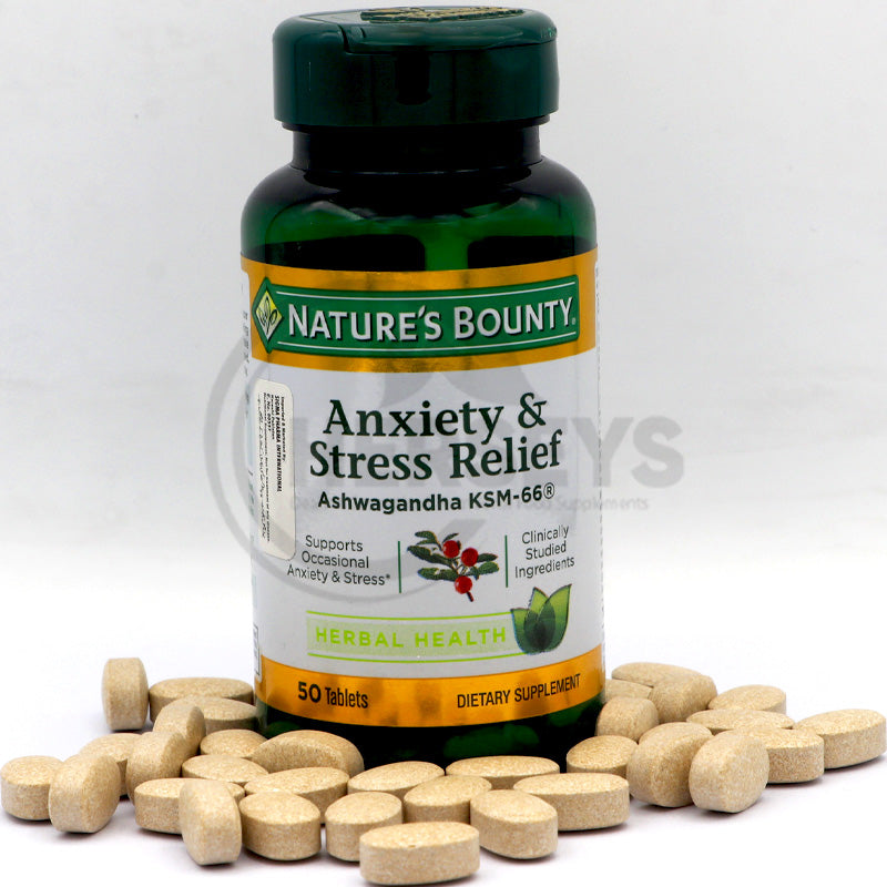 Nature's Bounty Ashwagandha KSM-66 bottle surrounded by its Anxiety & Stress Relief tablets.