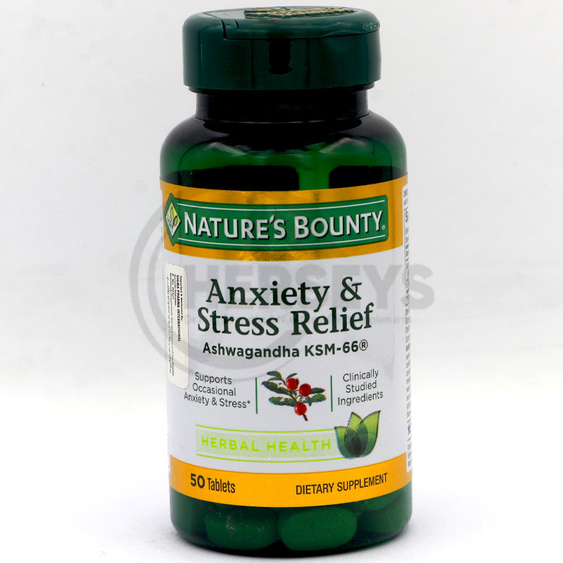 Nature's Bounty Ashwagandha KSM-66 for Anxiety and Stress Relief, showing the main bottle label.
