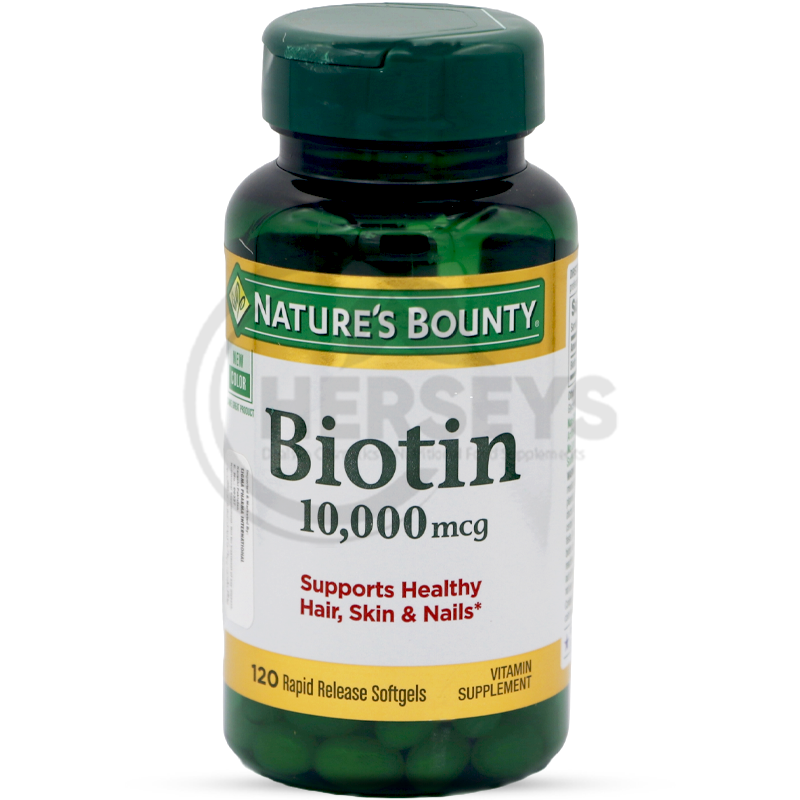 Nature's Bounty Biotin 10,000 mcg rapid release softgels, supports healthy hair, skin, and nails, 120 count bottle.