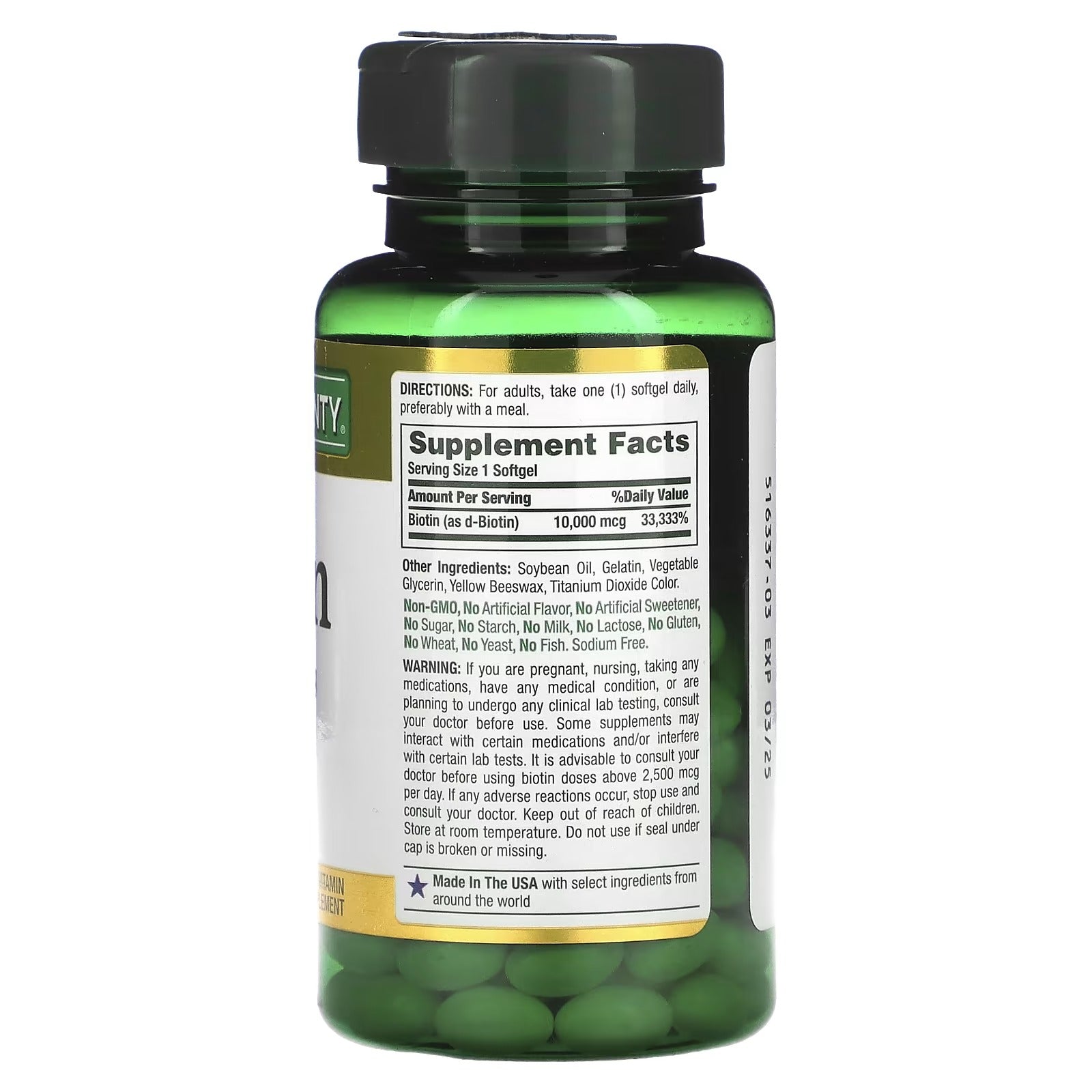 Nature's Bounty Biotin 10000 mcg Supplement Facts label, showing dosage, ingredients, and warnings.