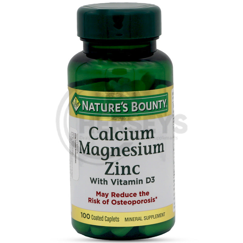Nature's Bounty Calcium Magnesium Zinc D3 Caplets bottle. Supports bone health and reduces osteoporosis risk.