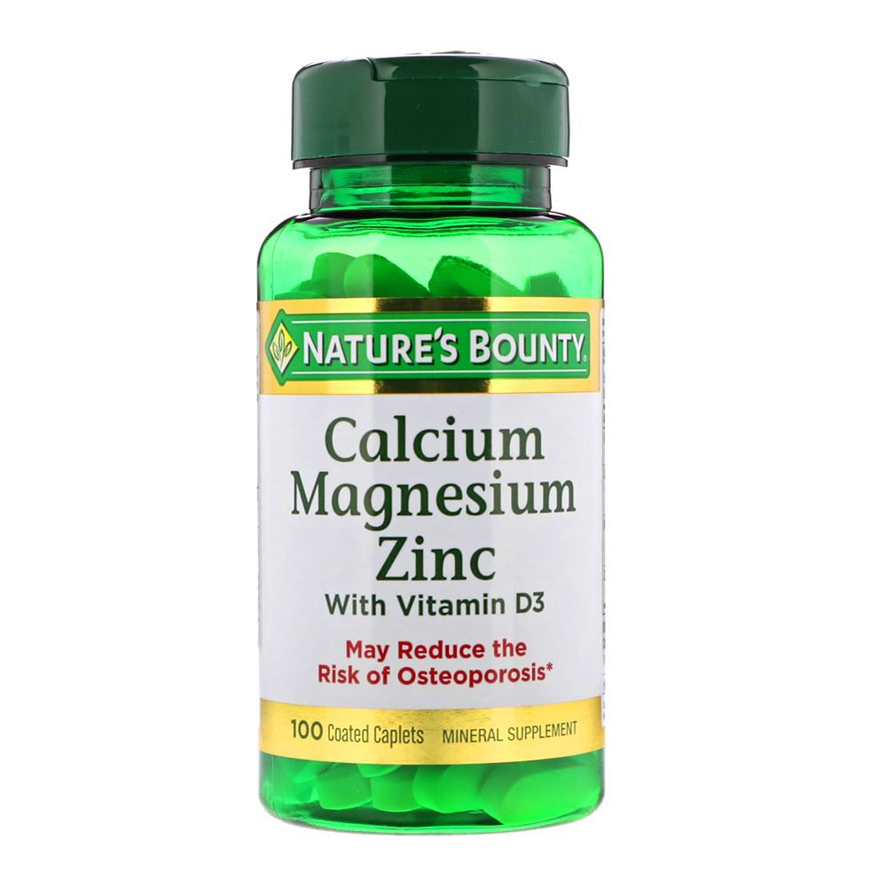 Nature's Bounty Calcium Magnesium Zinc with D3 Caplets. May reduce the risk of osteoporosis. 100 count.
