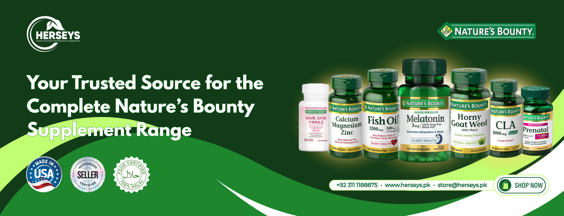 Image displaying complete range of nature's bounty supplements that are available at herseys.pk