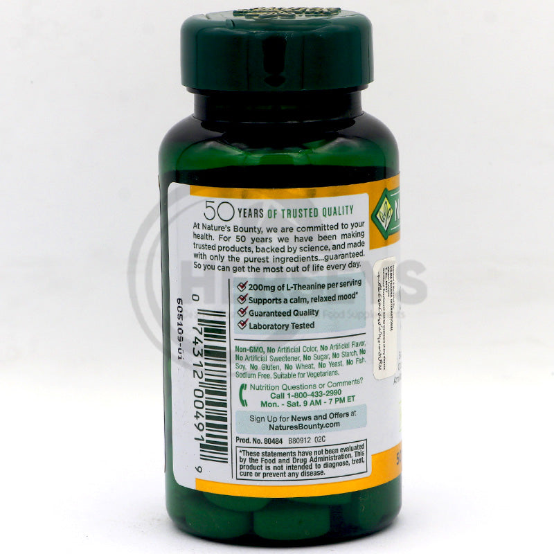 Nature's Bounty L-Theanine 200mg back label, showing 50 years quality, Non-GMO, and calm mood support.