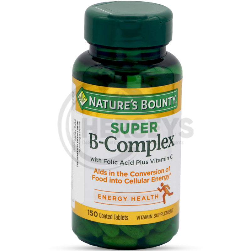 Nature's Bounty Super B-Complex with Folic Acid and Vitamin C bottle, supporting cellular energy.