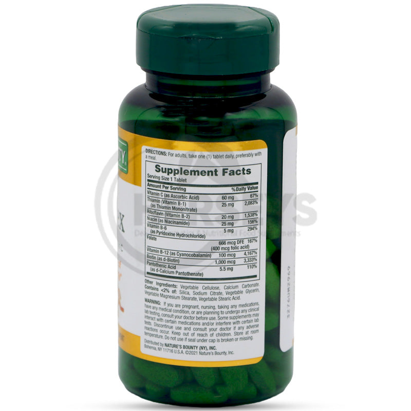 Nature's Bounty Super B-Complex Supplement Facts label, showing high doses of B12, Thiamin, Niacin, and Folic Acid.