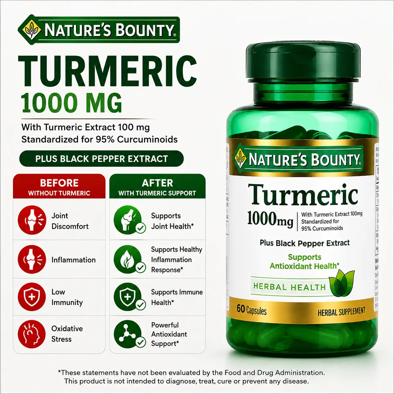 Nature's Bounty Turmeric Plus Black Pepper Extract 1000 mg 60 Capsules