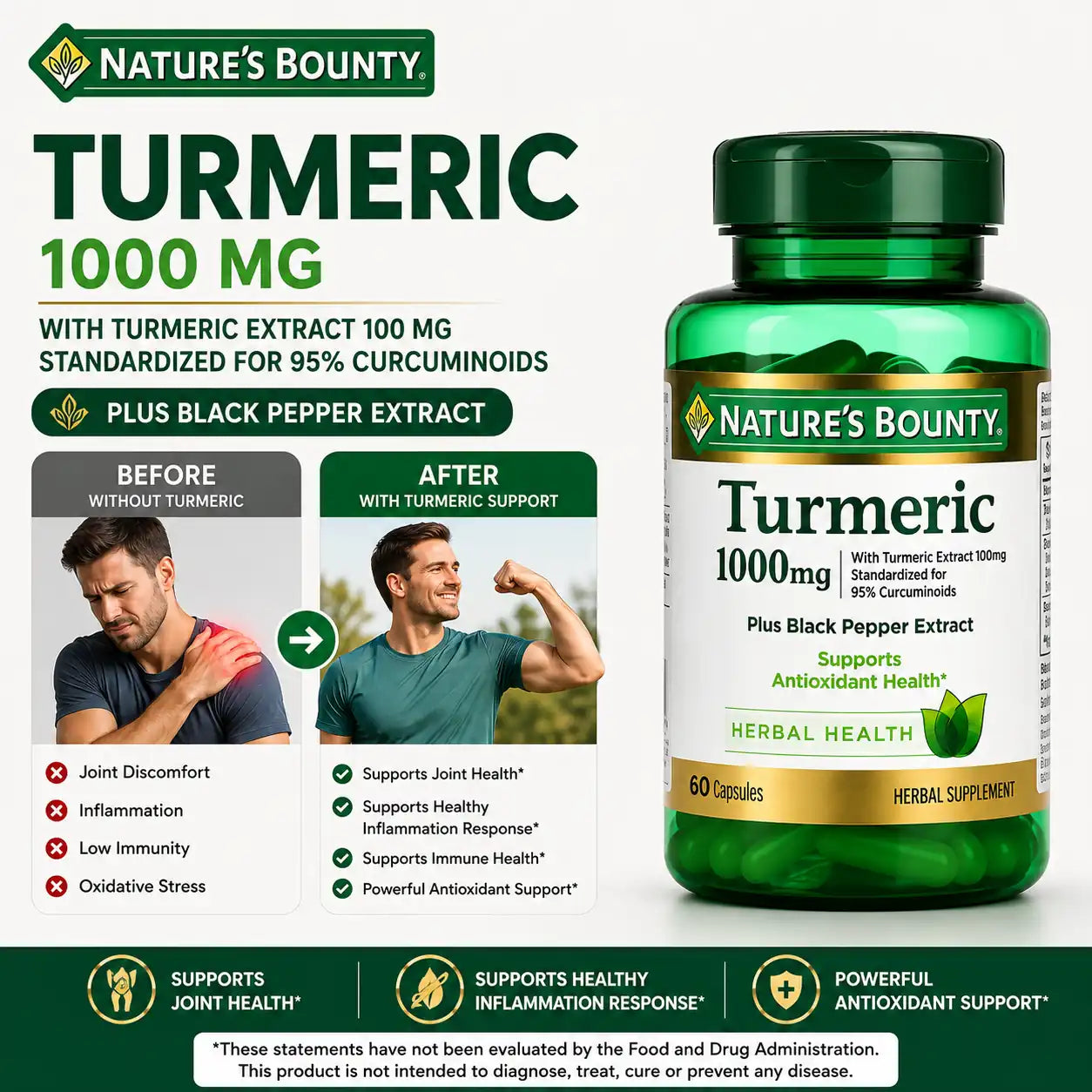 Nature's Bounty Turmeric Plus Black Pepper Extract 1000 mg 60 Capsules