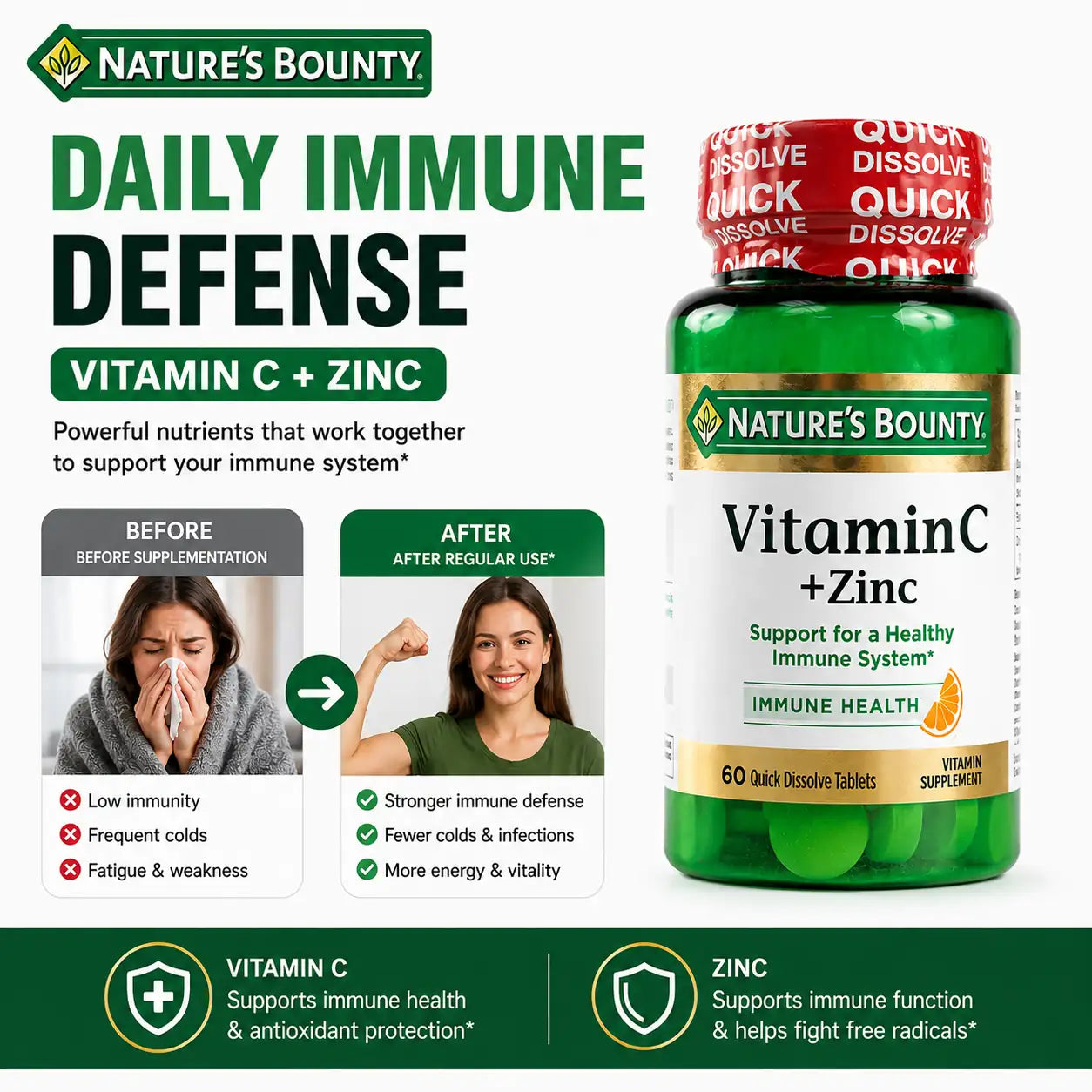 Nature’s Bounty Vitamin C + Zinc Quick Dissolve 60 Tablets