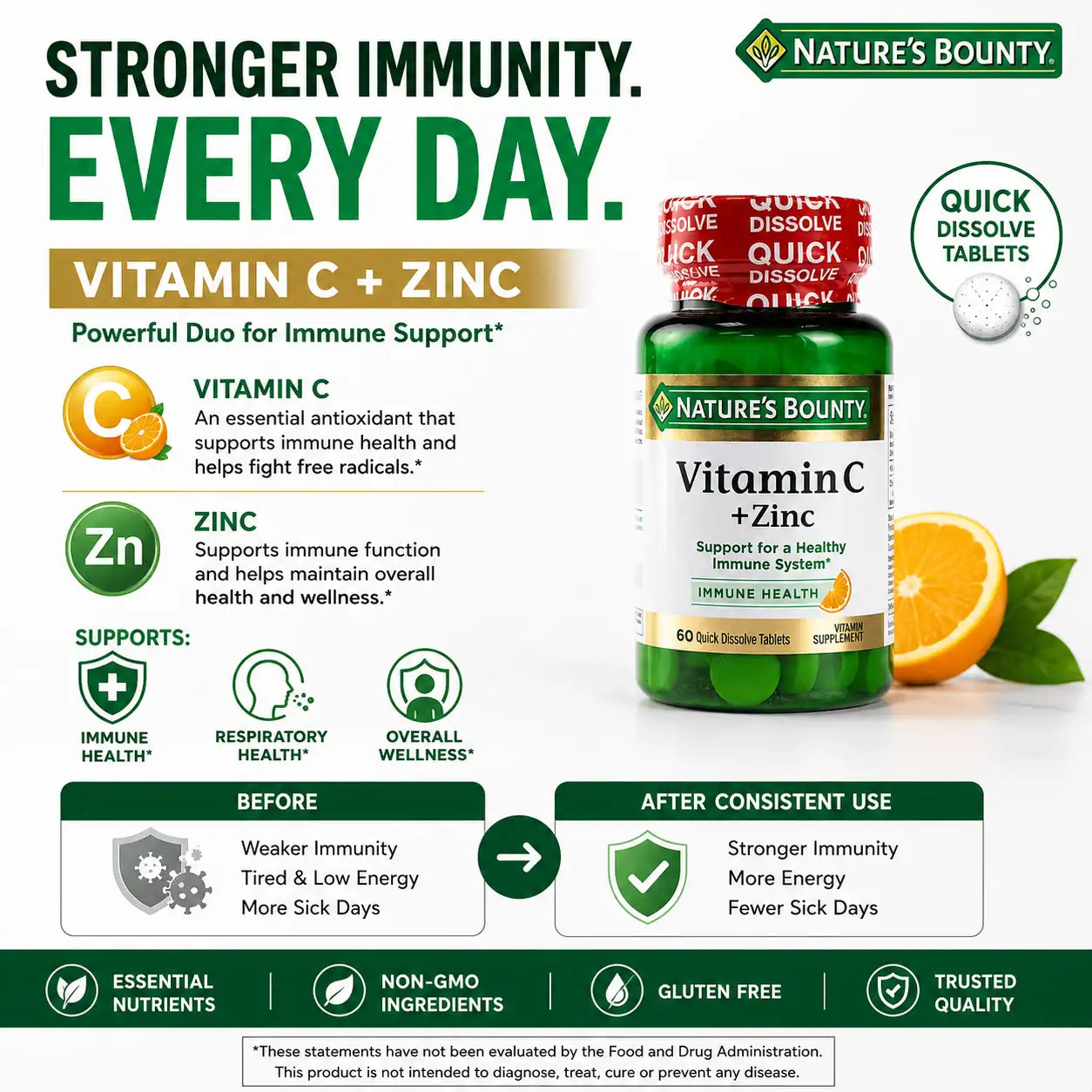 Nature’s Bounty Vitamin C + Zinc Quick Dissolve 60 Tablets