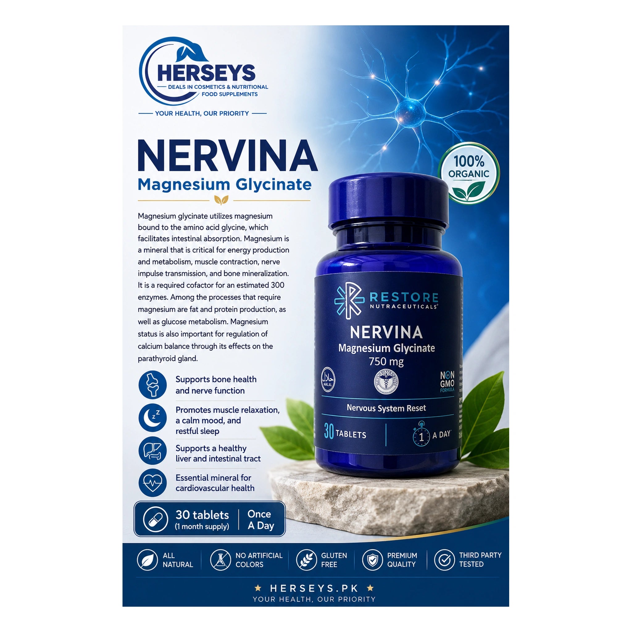 Restore Nervina Magnesium Glycinate 750mg 30 Tablets