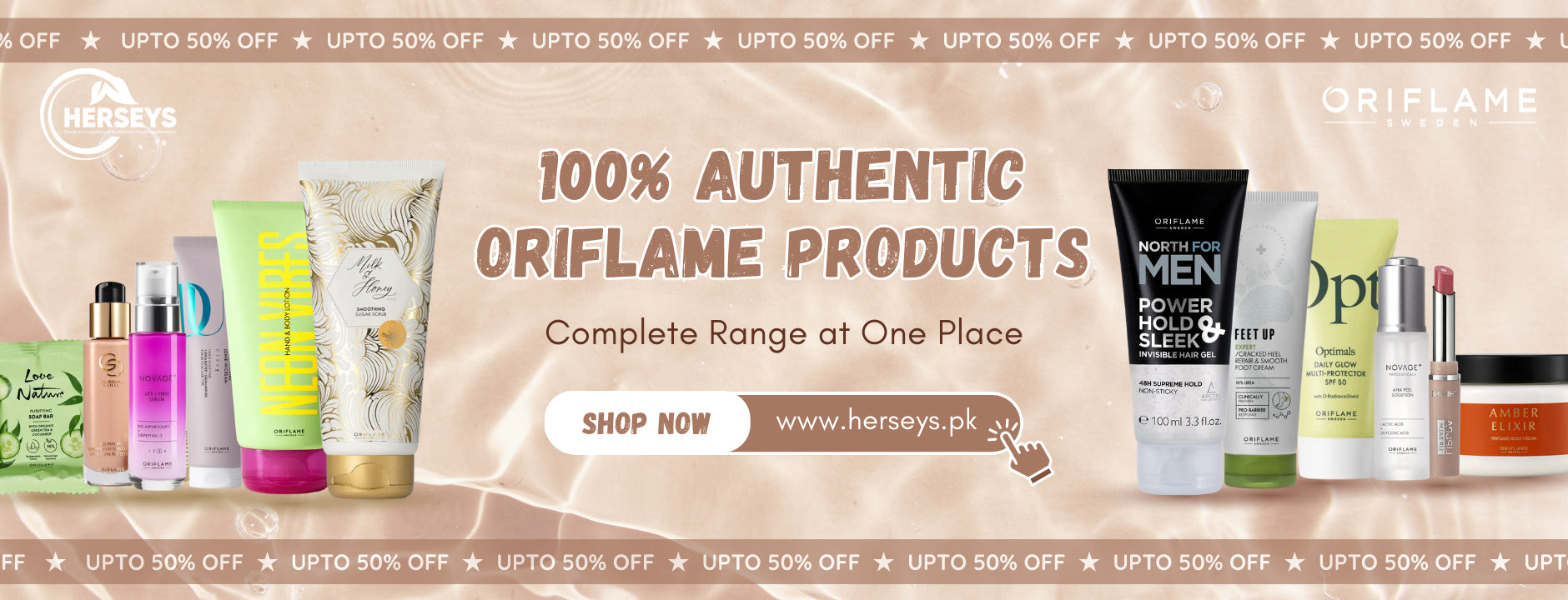 Image displaying 100% authentic Oriflame Products - Complete range available at herseys.pk