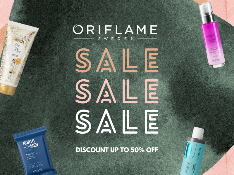 Image displaying upto 50% sale on Oriflame products available on herseys.pk