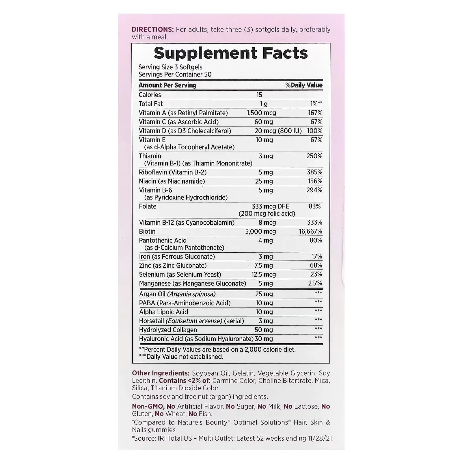 Nature's Bounty Optimal Solutions Extra Strength Hair Skin Nails 150 Softgels